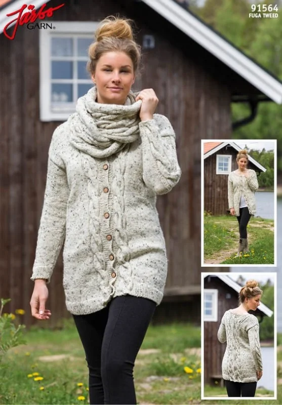Stickmönster till långkofta med snurrkrage i Fuga tweed Snabb frakt