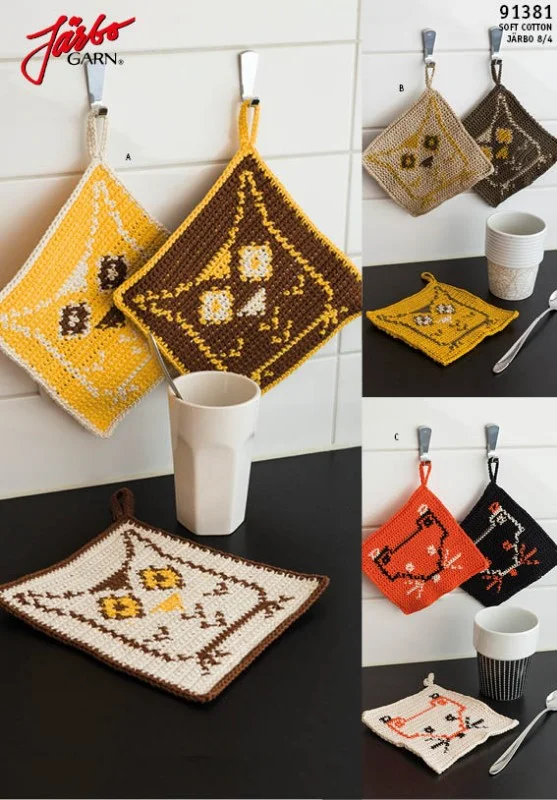 Grytlappar med virkade ugglor i Soft Cotton eller Järbo 8/4 Kundfavorit