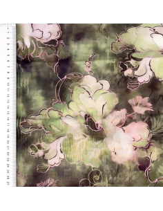 Outlet Viskos tyg print Grön/Rosa med blommor