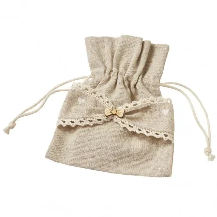 Linnepåse / Tygpåse Natur med spets och rosett 11x13cm – 3 st. Kampanj