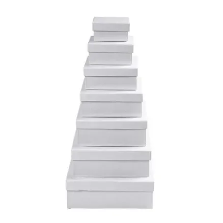 Begränsat antal Kvadratiska Askar, stl. 9x9x4,5 + 11x11x5,0 + 13x13x5,5 + 15x15x6,0 + 17x17x6,5 + 19x19x7,0 + 21x21x7,5 cm, vit, 7 st./ 1 set