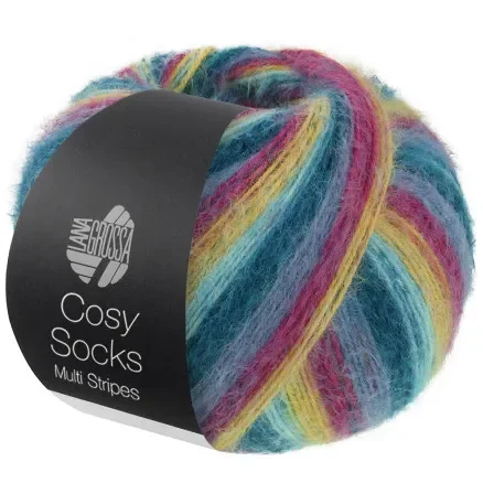 Lana Grossa Cosy Socks Multi Stripes Strumpgarn 155 Mörk petroleum/Ljus turkos/Gul/Orange/gråviolett Nyhet