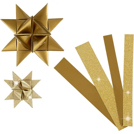 Stjärnstrimlor, L: 44+78 cm, Dia. 6,5+11,5 cm, B: 15+25 mm, glitter,lack, guld, 40 strimlor/ 1 förp. Begränsad tid