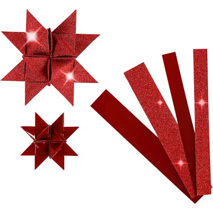 Snabb leverans Stjärnstrimlor, L: 44+78 cm, B: 15+25 mm, Dia. 6,5+11,5 cm, glitter,lack, röd, 40 strimlor/ 1 förp.