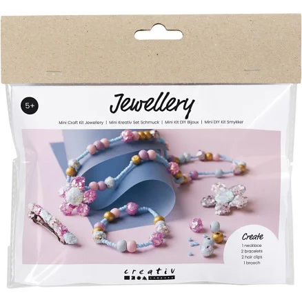 Premium Mini DIY Kit Smycken, Halsband, armband, stift, brosch, blå, ljusblå, pastellrosa, 1 förp.