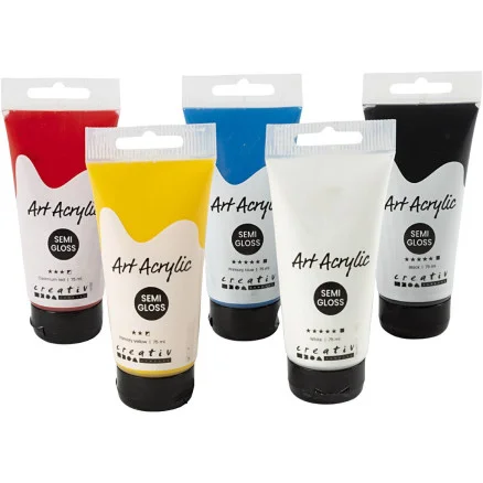 Akrylfärg, grundfärger, halvblank, mixade färger, 5x75 ml/ 1 förp. Snabb leverans
