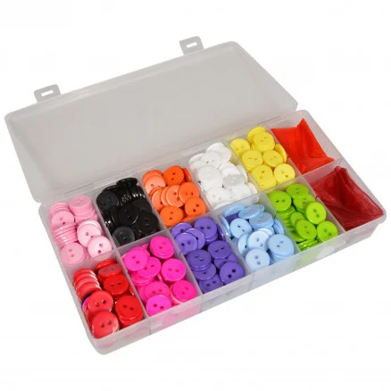Kampanj Infinity Hearts knappar i plastlåda Deluxe 2-håls runda plastknappar 10 Ass. färger 15mm – 750 st.