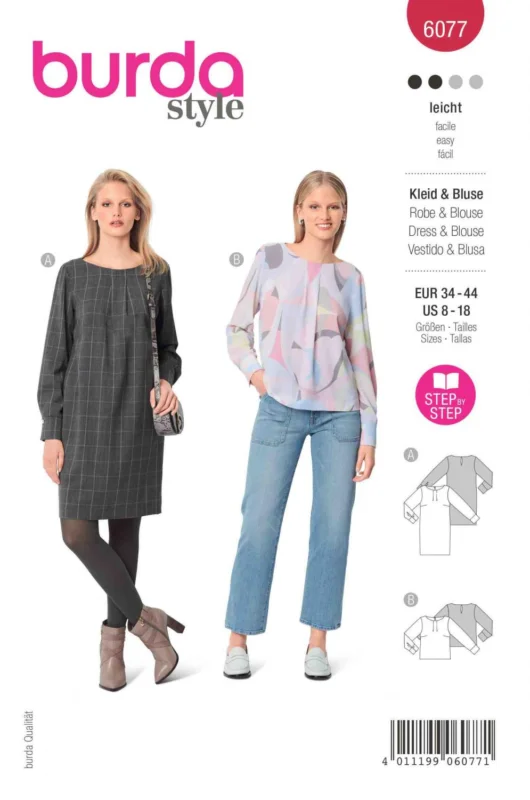Burda Mönster 6077 - Klänning och blus i rak design med manschetter Nedsatt pris