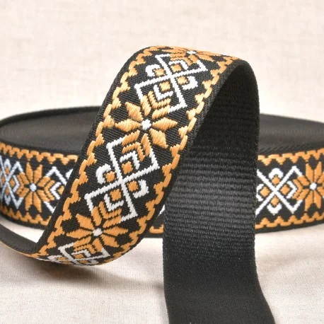 Snabb frakt Väskband polyester 38mm Ethnic floral Lejongul/Svart