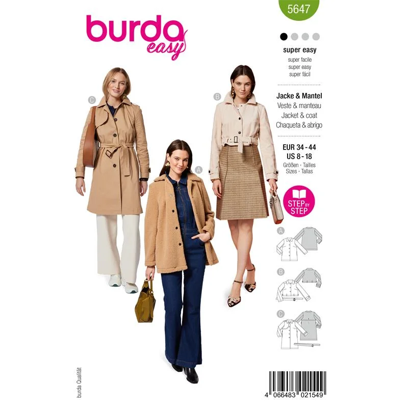 Fri frakt Burda Easy 5647 – Jacka och kappa dam (34-44)