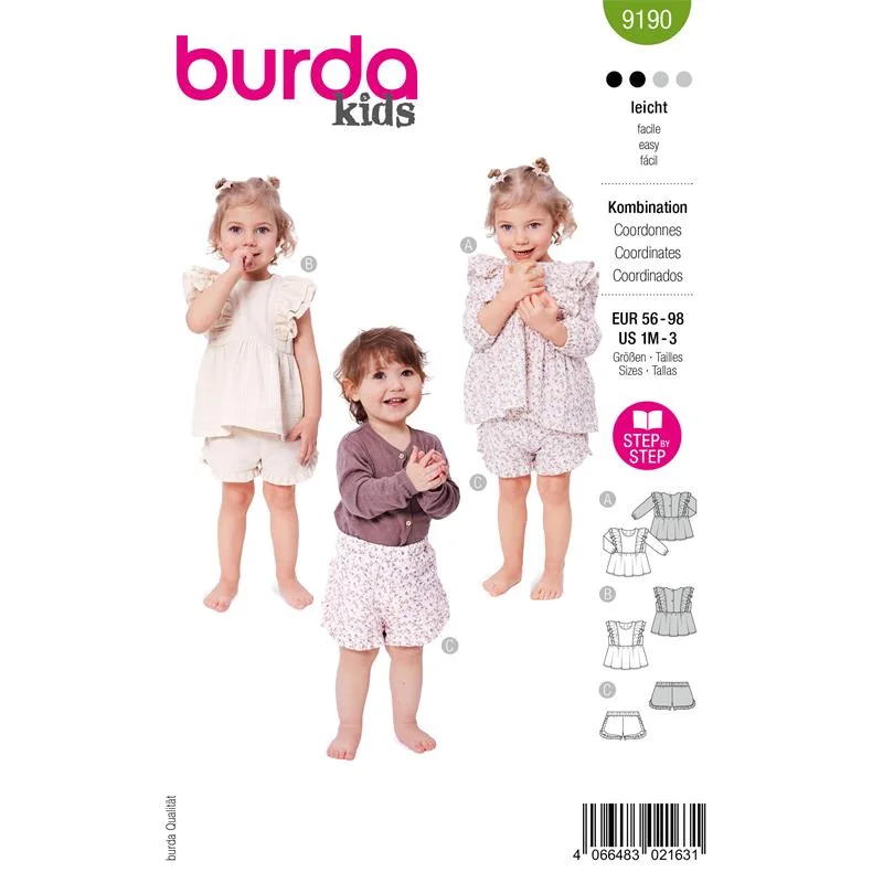 Utförsäljning Burda 9190 – Blus och shorts baby/småbarn (56–98)