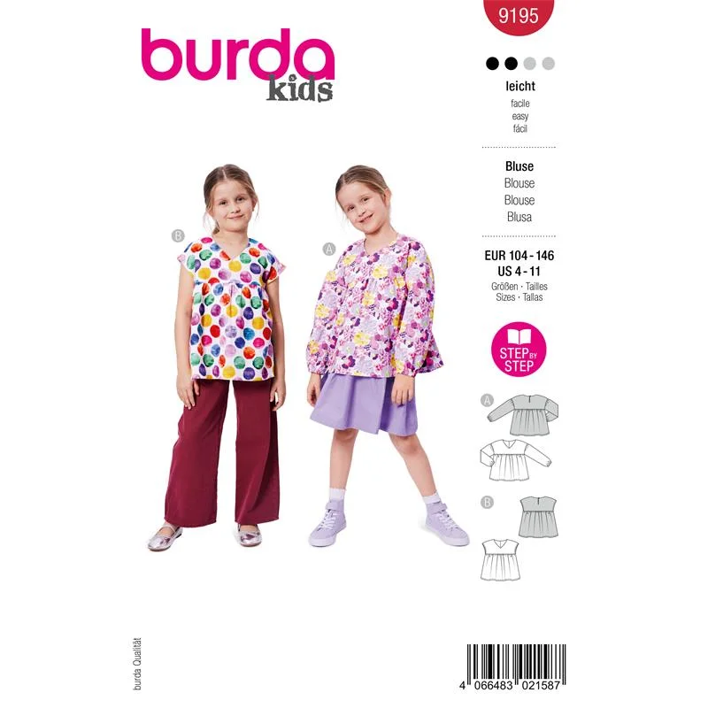 Säker betalning Burda 9195 – Blus flicka (104–146)